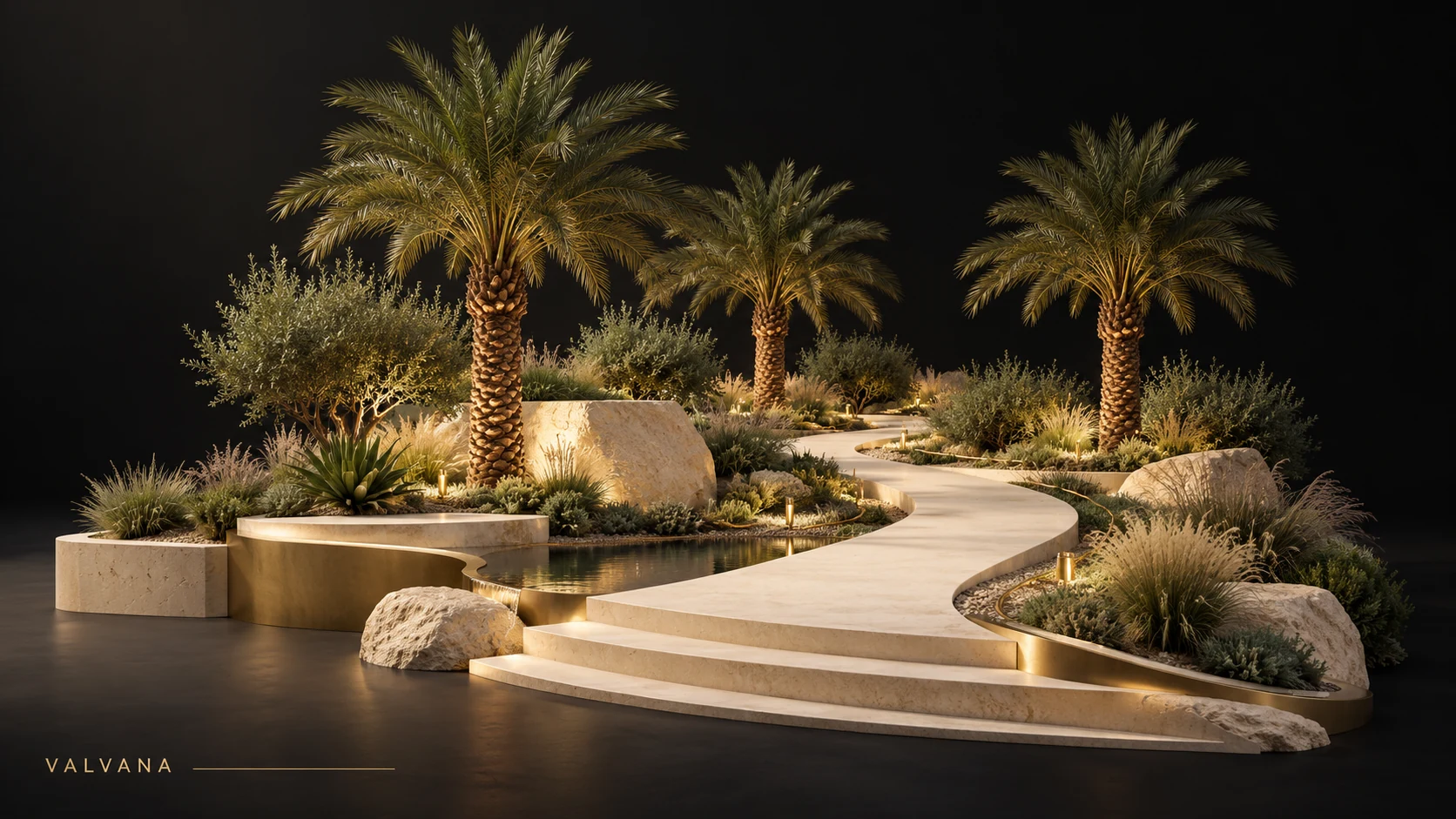 تصميم توضيحي: حديقة سعودية مع نخيل ونباتات وري منظم
