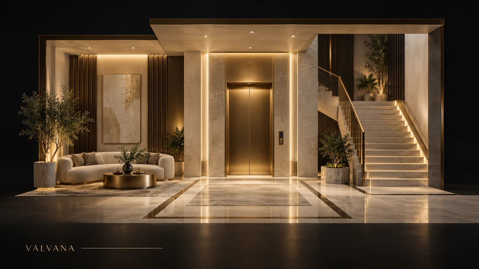 تصميم توضيحي: عمارة سكنية مع مدخل ومصعد ومناطق مشتركة منظمة