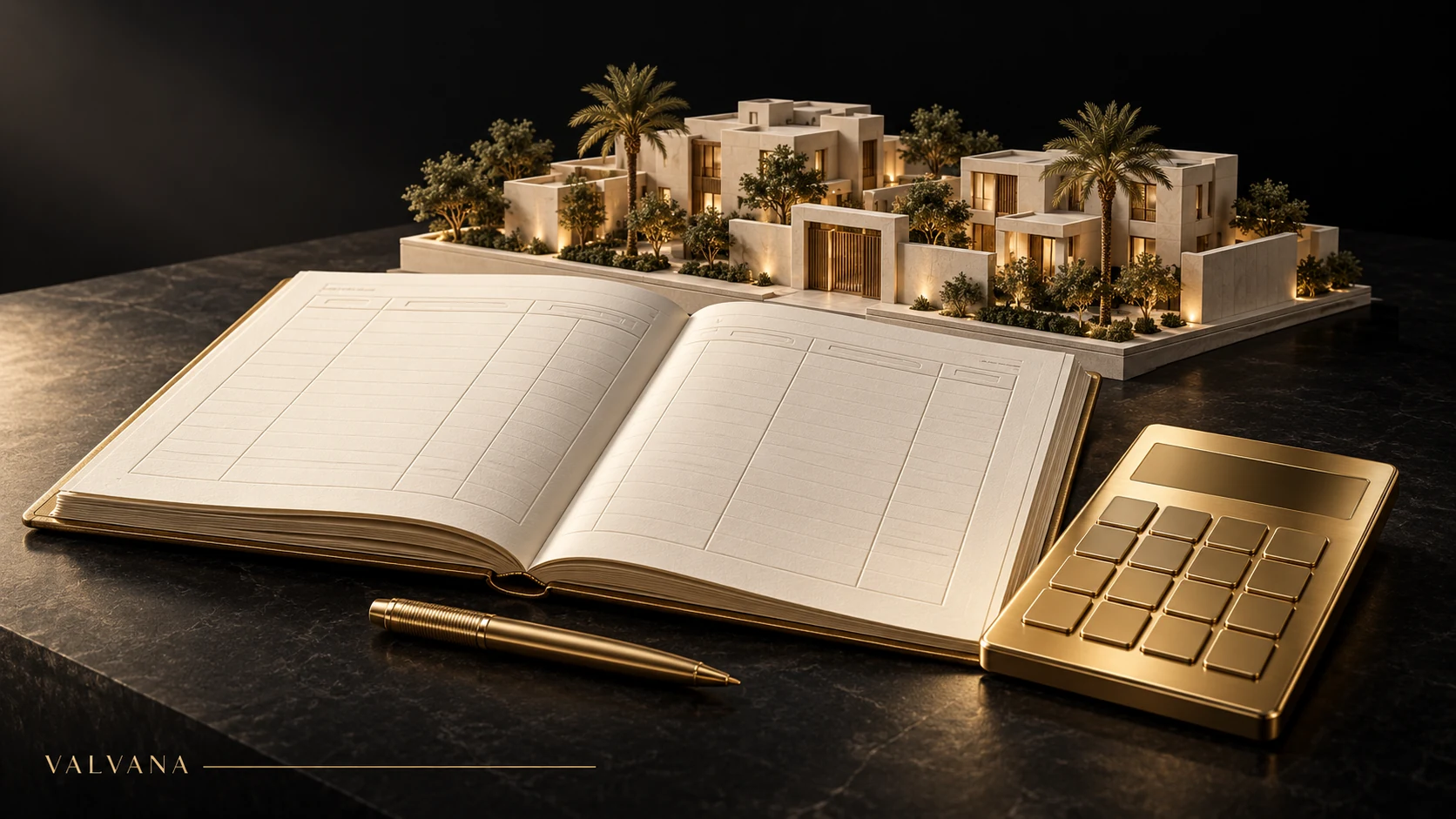 تصميم توضيحي: ملف ميزانية تشغيل بجانب نموذج مجمع سكني