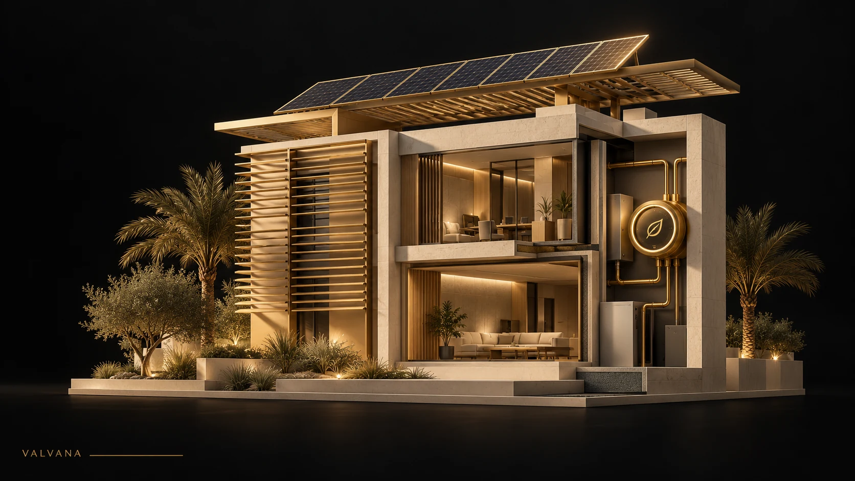 تصميم توضيحي: مبنى موفر للطاقة مع عداد ذهبي وتظليل معماري